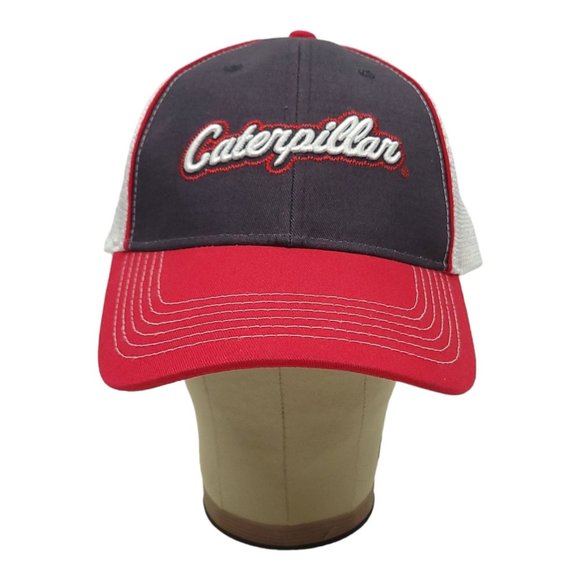 Caterpillar 3D Logo Mesh Strapback Cap Trucker Baseball Hat CAT Blue Red - Picture 7 of 12